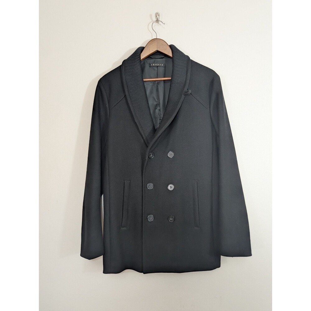 Theory Peacoat Mens Solid Black Wool Cashmere Double Breasted Pockets M